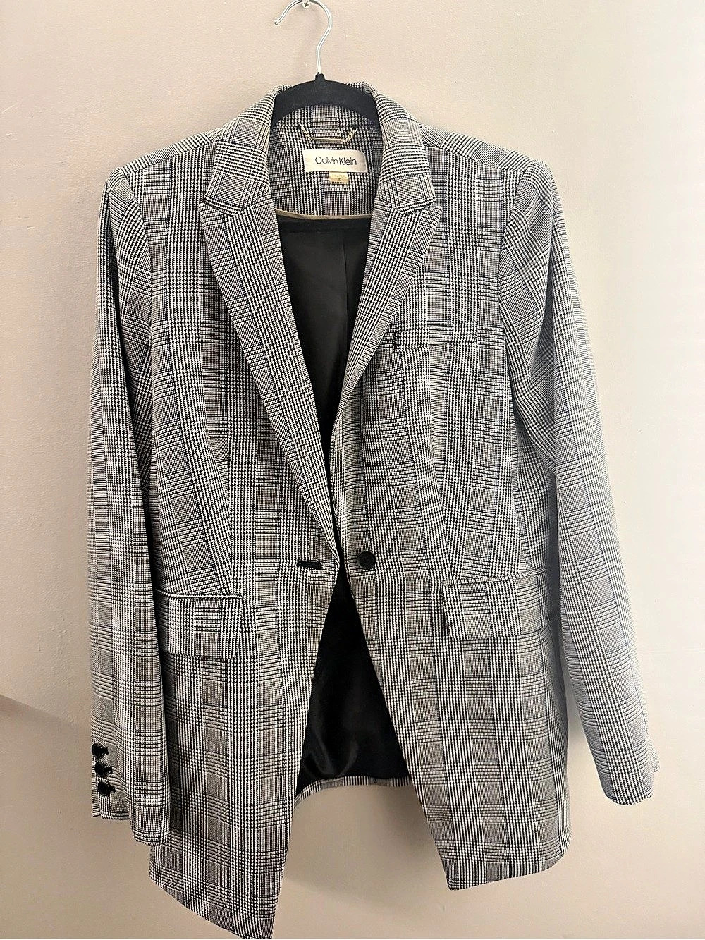 Calvin Klein Plaid One Button Blazer Black & White